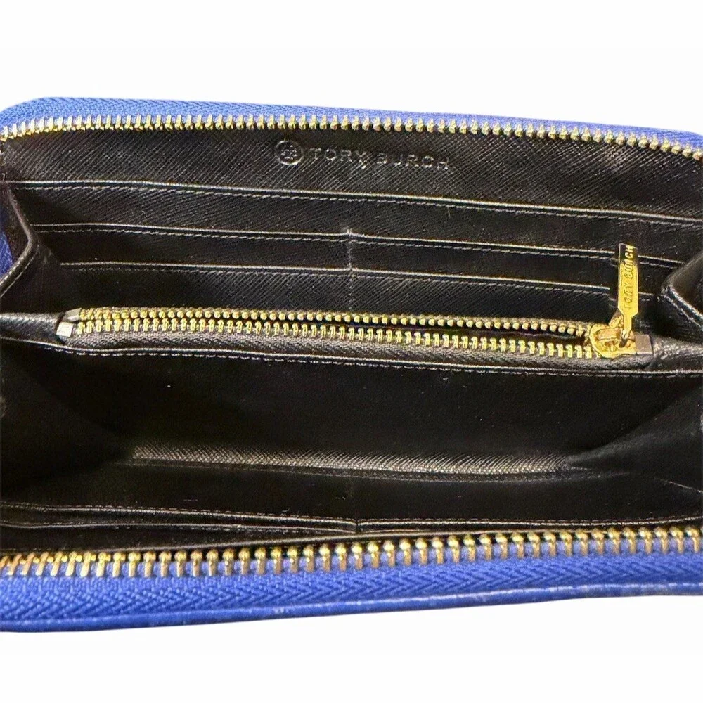Tory Burch Blue Pebbled Leather Wallet Zip-Around Continental Tassel - Picture 3 of 7